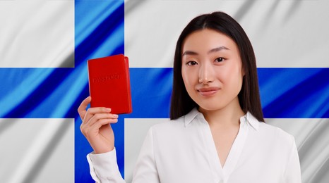 Immigration. Woman with passport against national flag of Finland. Banner design