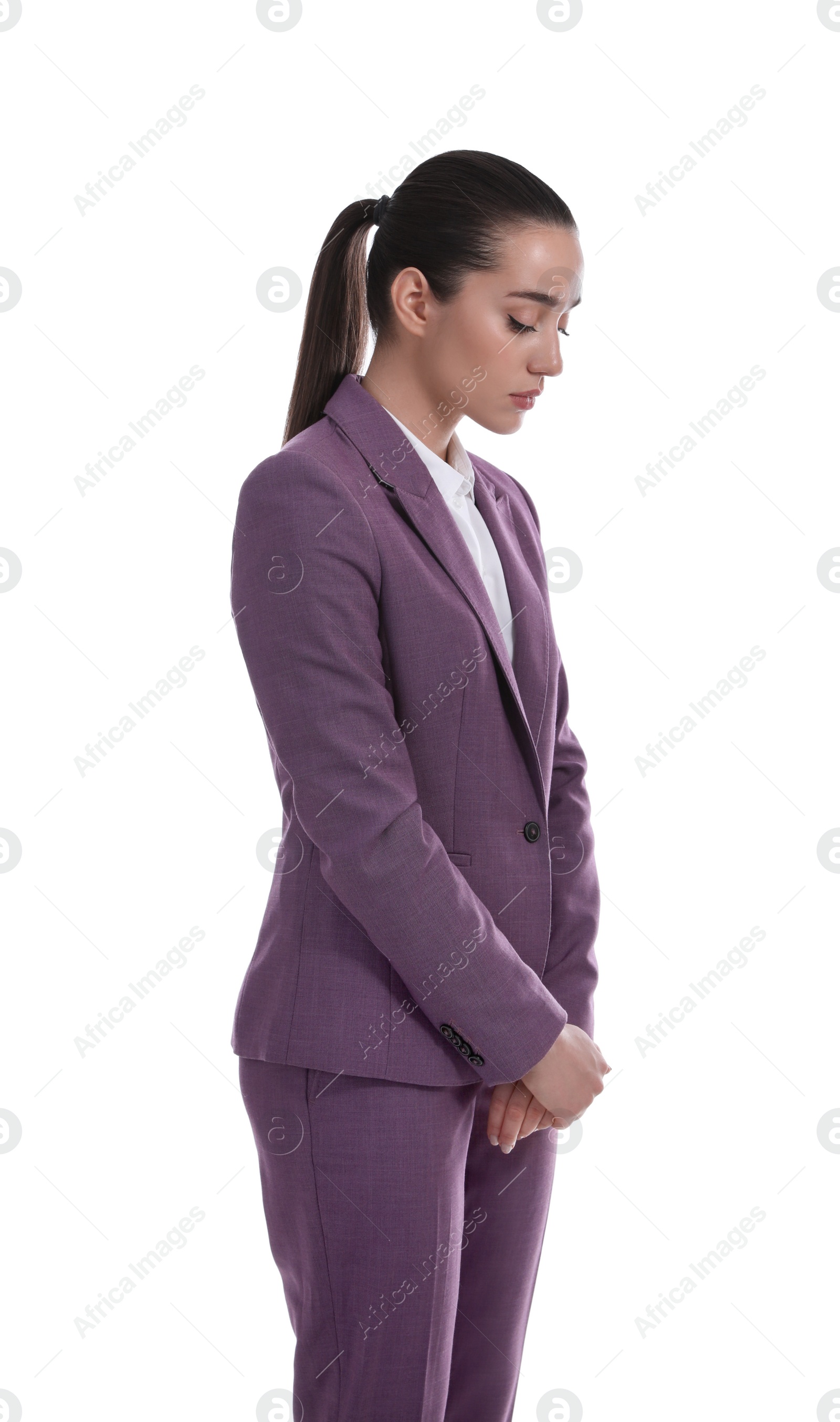 Photo of Upset woman in suit on white background