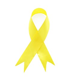 Photo of Yellow ribbon isolated on white, top view