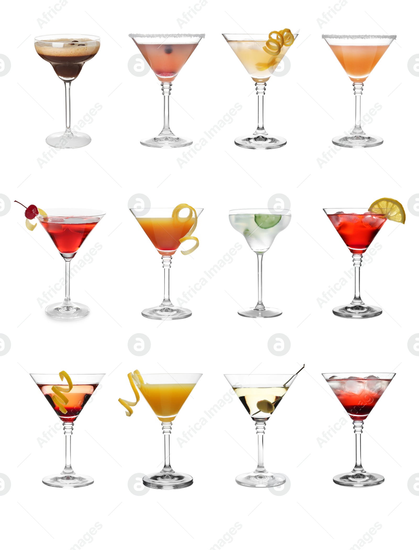 Image of Set with different martini cocktails on white background 