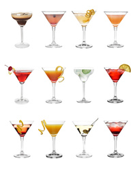 Image of Set with different martini cocktails on white background 