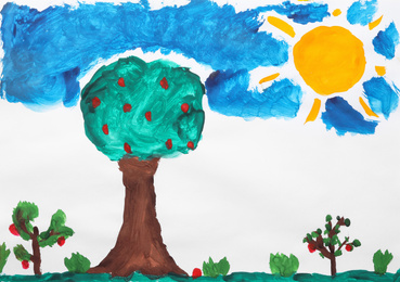 Child's painting of garden on white paper