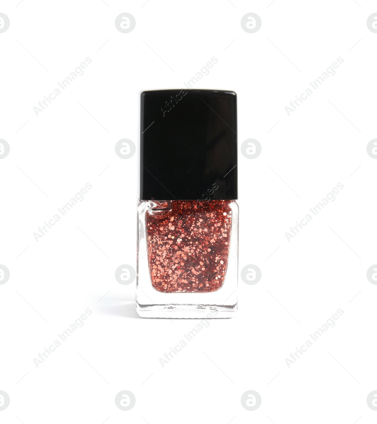 Photo of Bottle of nail polish on white background