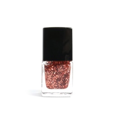 Photo of Bottle of nail polish on white background