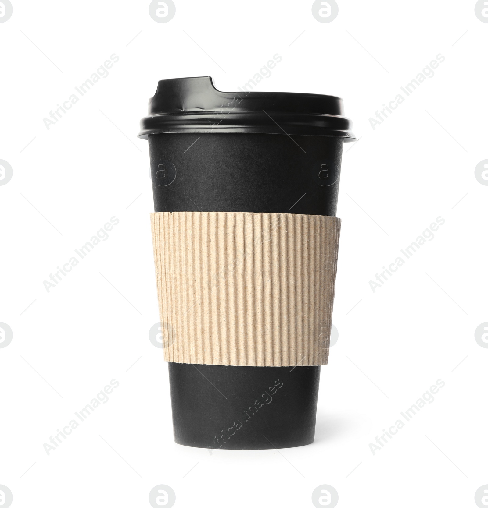 Photo of Black takeaway paper coffee cup with cardboard sleeve isolated on white