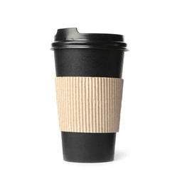 Photo of Black takeaway paper coffee cup with cardboard sleeve isolated on white