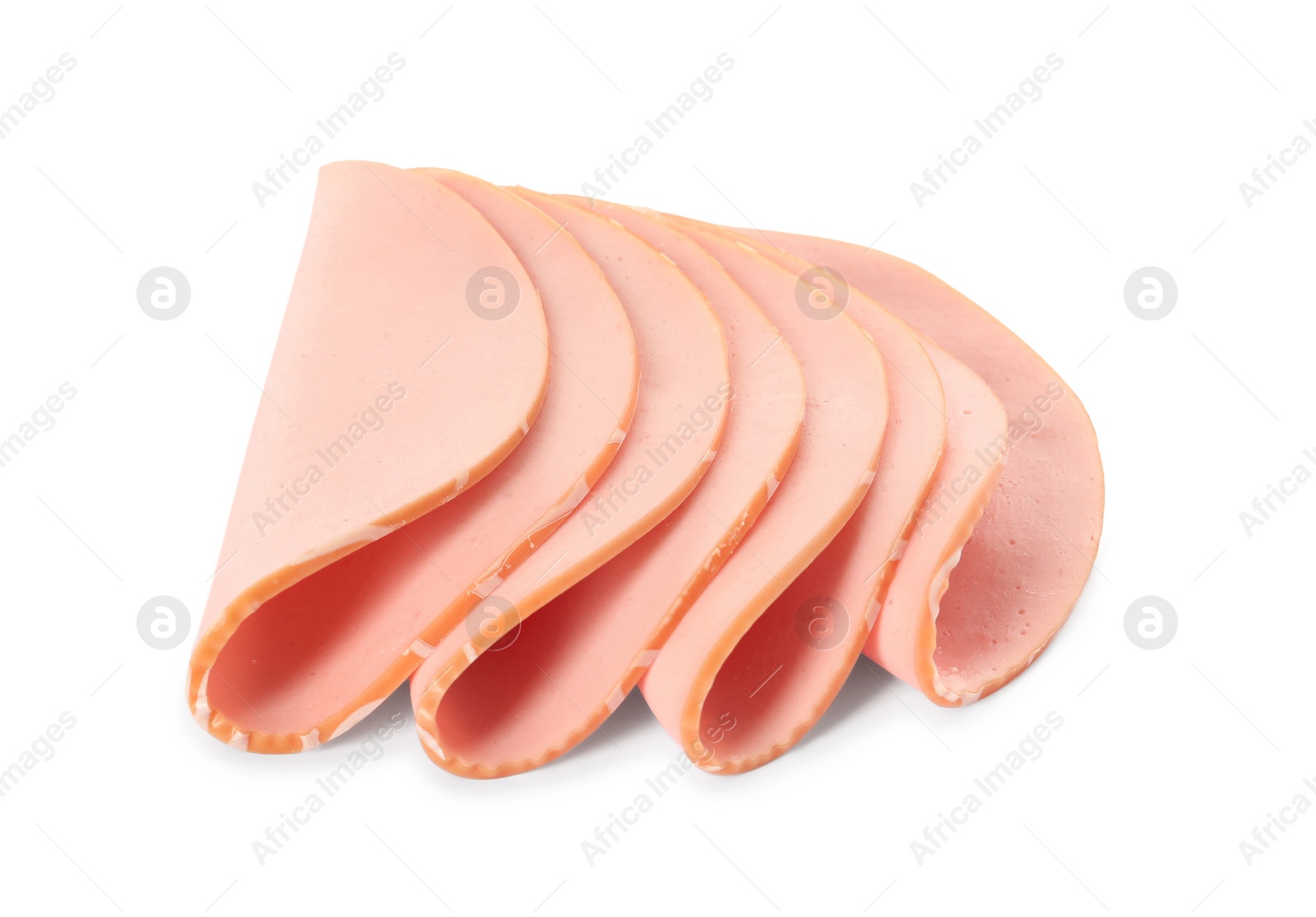 Photo of Slices of delicious boiled sausage on white background