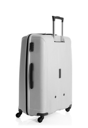 Photo of Modern suitcase for travelling on white background