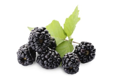 Tasty ripe blackberries and leaves on white background