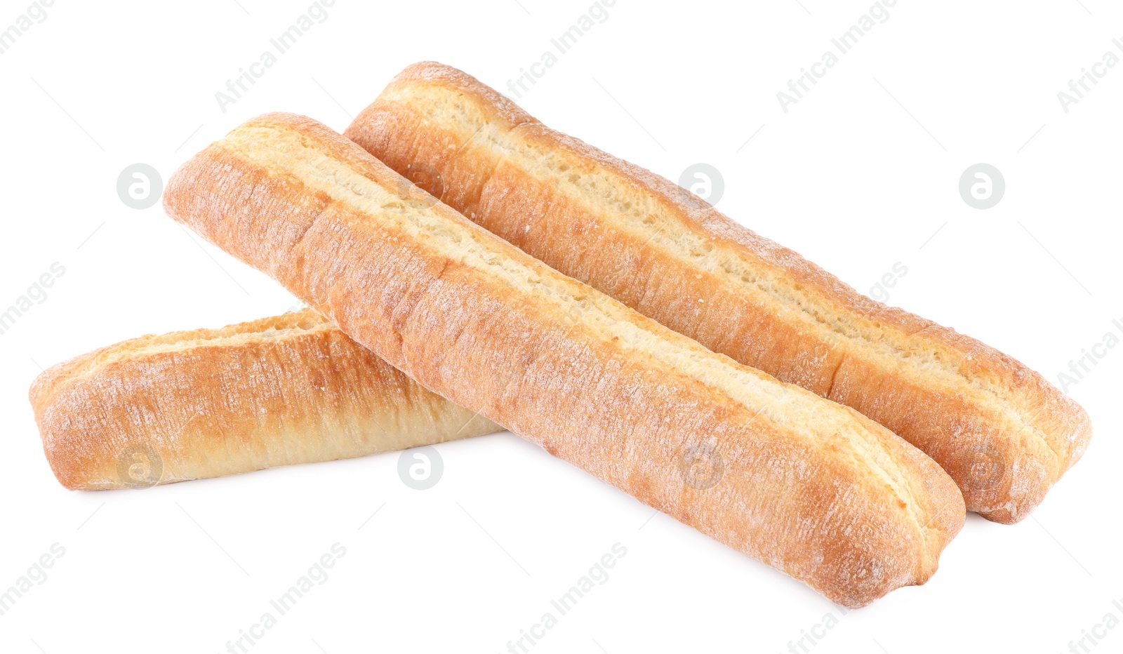 Photo of Tasty baguettes on white background. Fresh bread