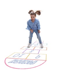 Image of Cute little girl playing hopscotch on white background