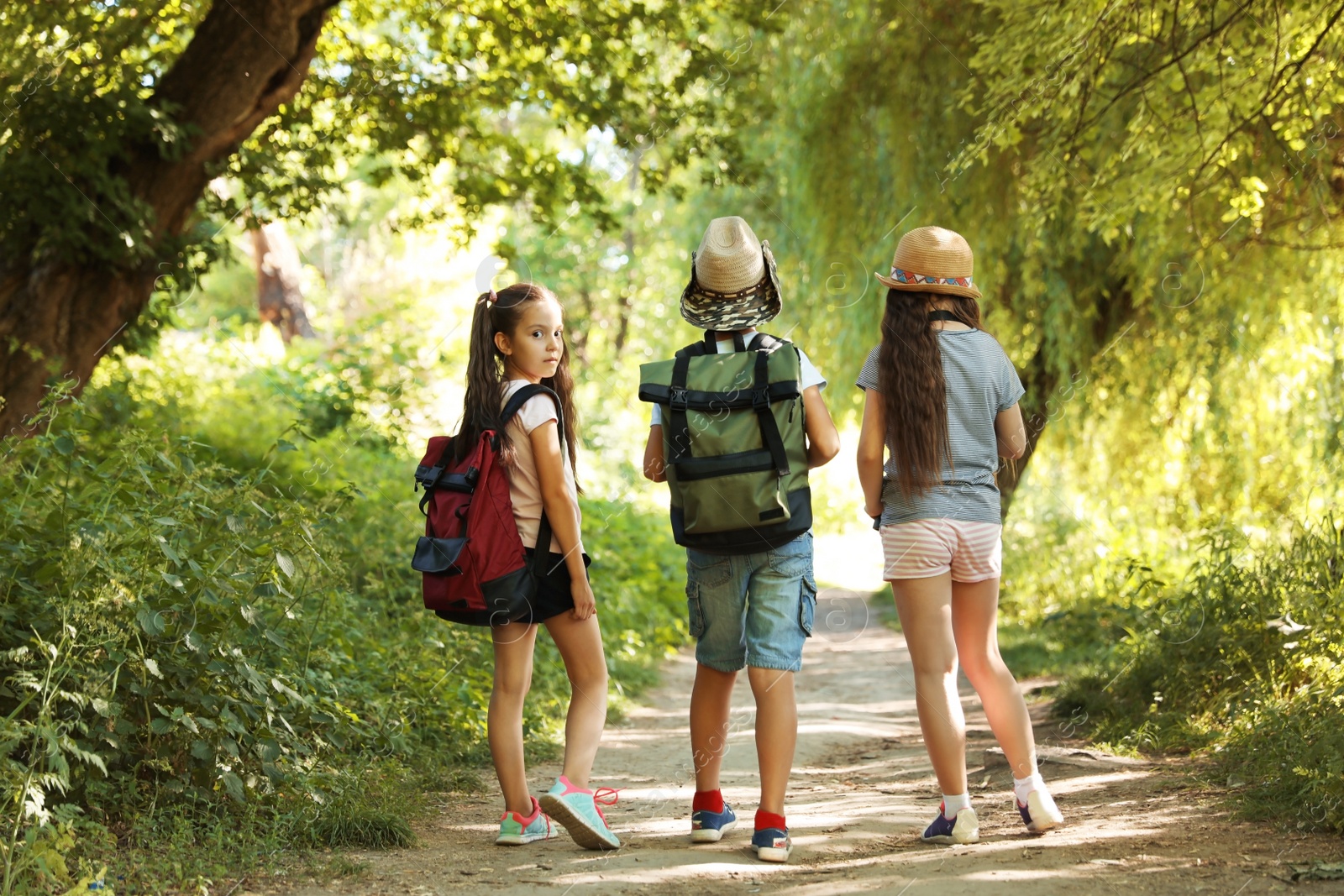 Photo of Little children with backpacks on path in wilderness. Summer camp