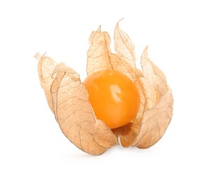 Photo of Ripe physalis fruit with dry husk on white background