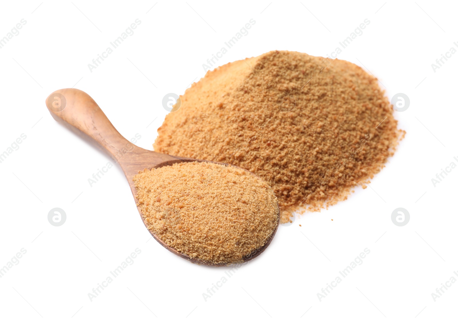 Photo of Spoon with coconut sugar isolated on white