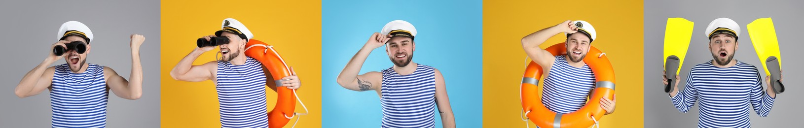 Image of Collage with photos of sailors on different color backgrounds