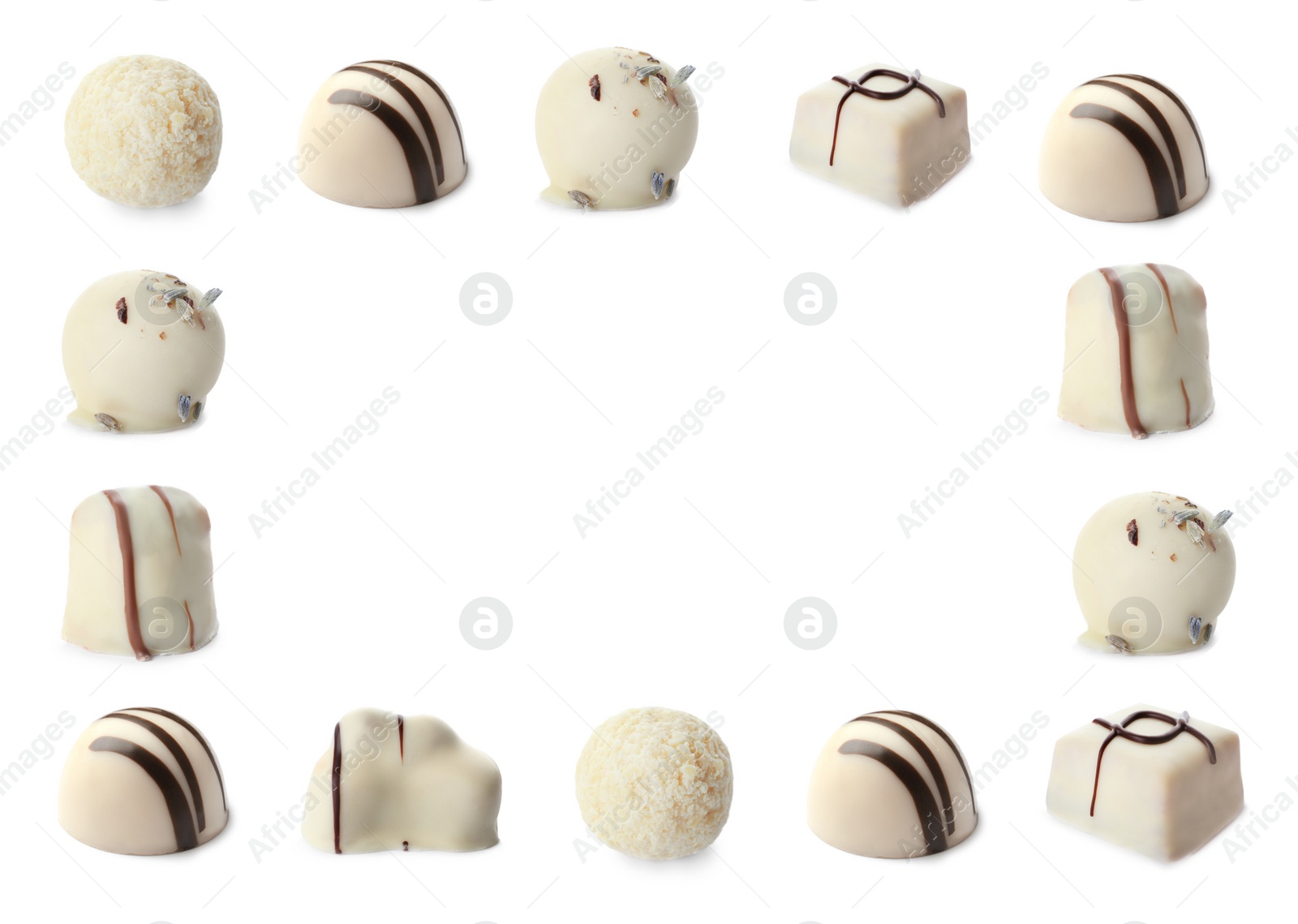 Image of Set with different chocolate candies on white background, space for text