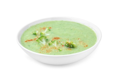 Photo of Delicious broccoli cream soup isolated on white