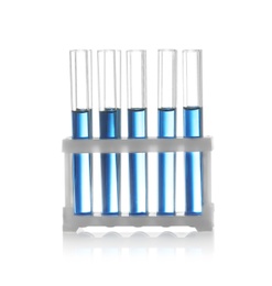 Photo of Test tubes with liquid samples in rack on white background. Chemistry glassware