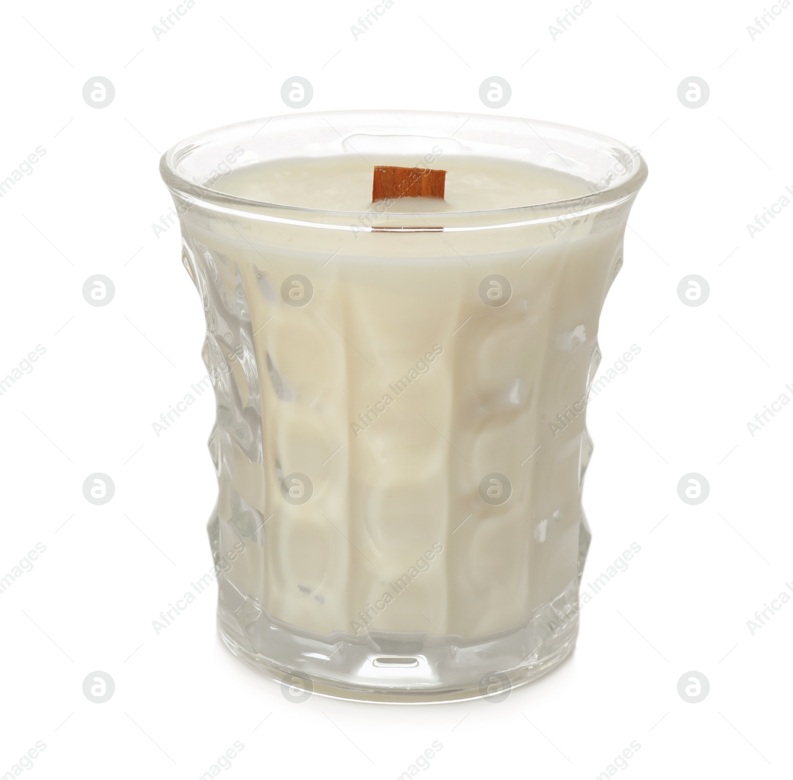 Photo of Aromatic soy candle with wooden wick isolated on white