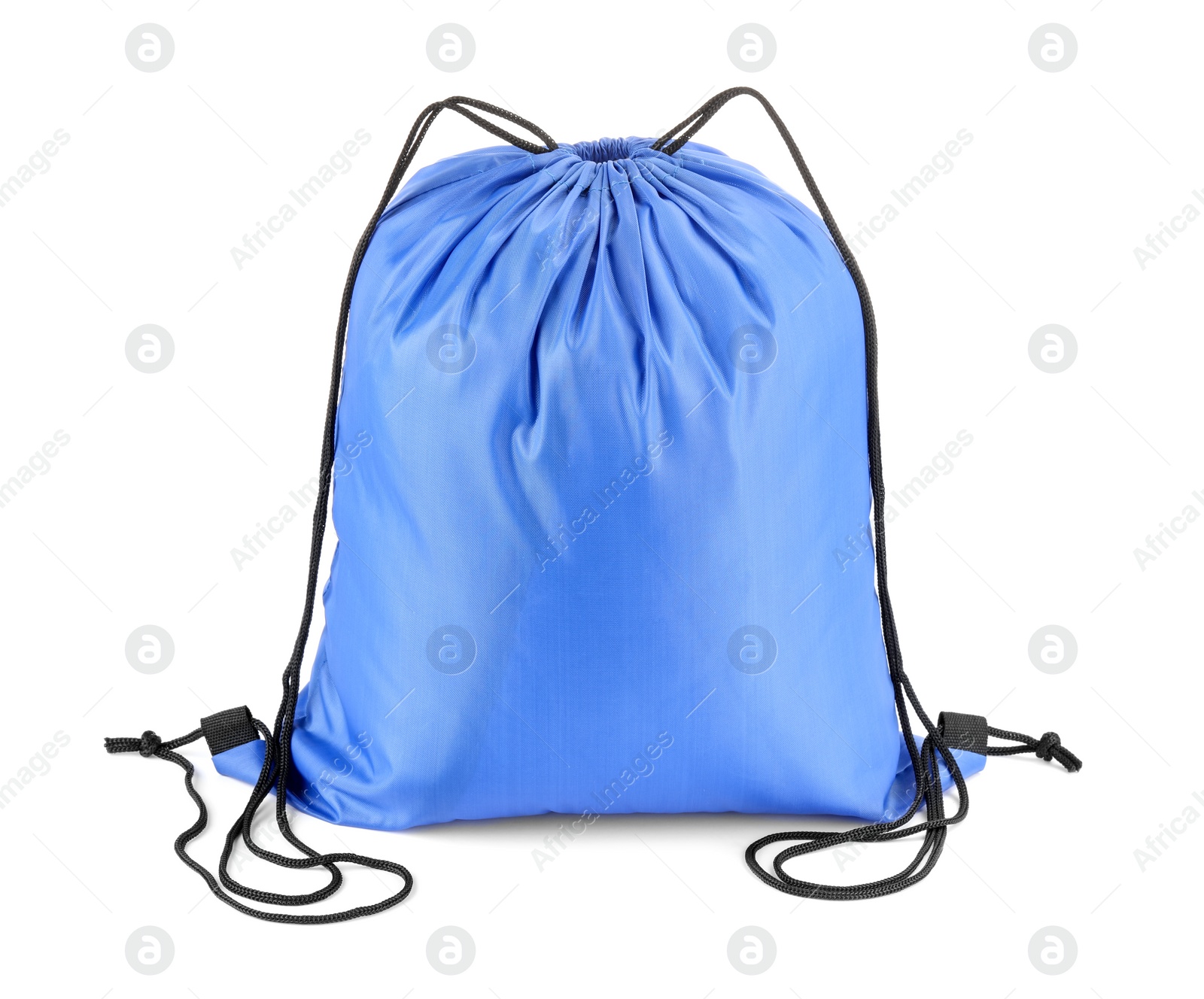 Photo of One blue drawstring bag isolated on white