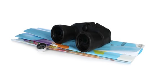 Photo of Modern binoculars, compass and map on white background