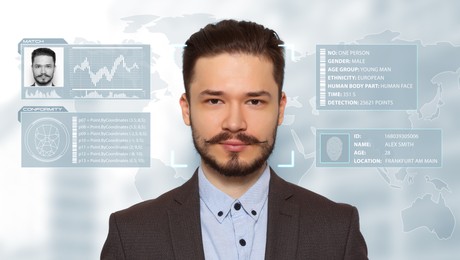Facial recognition system. Man with scanner frame and personal data against white background with world map