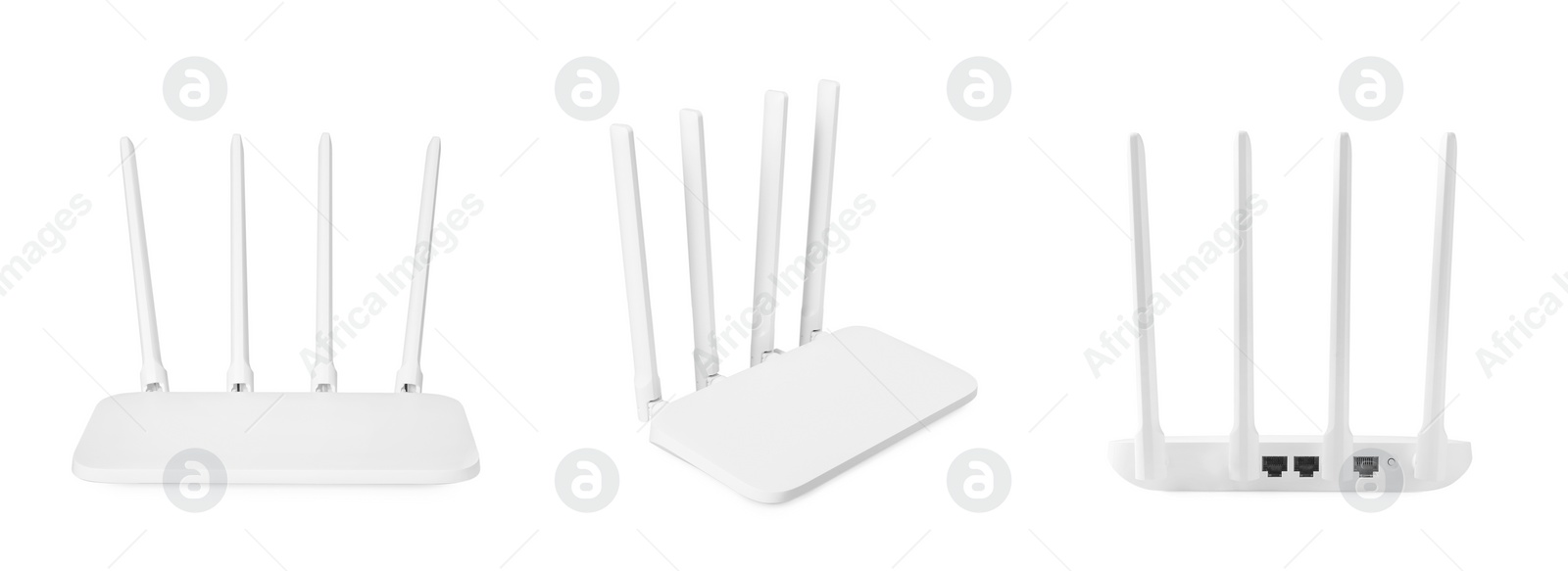 Image of Modern Wi-Fi router on white background, view from different sides