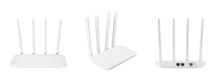 Image of Modern Wi-Fi router on white background, view from different sides