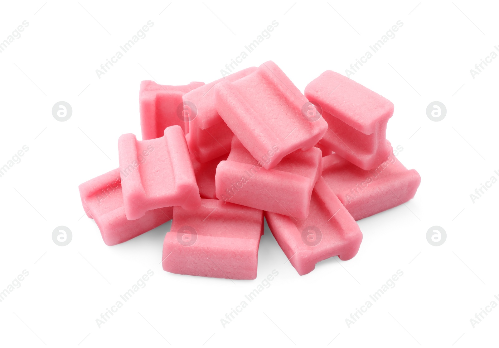 Photo of Pile of tasty pink chewing gums on white background