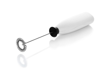 Photo of Modern milk frother device on white background