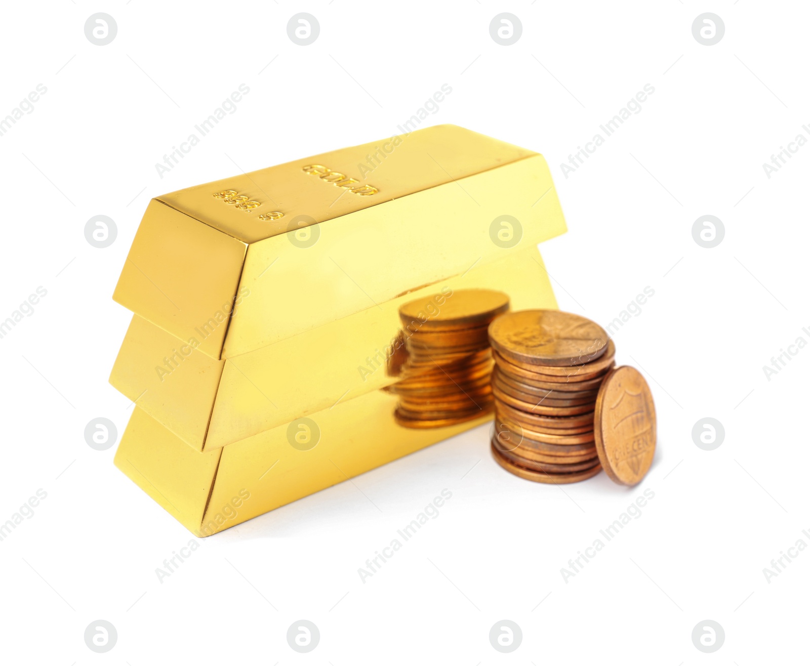 Photo of Gold bars and coins on white background