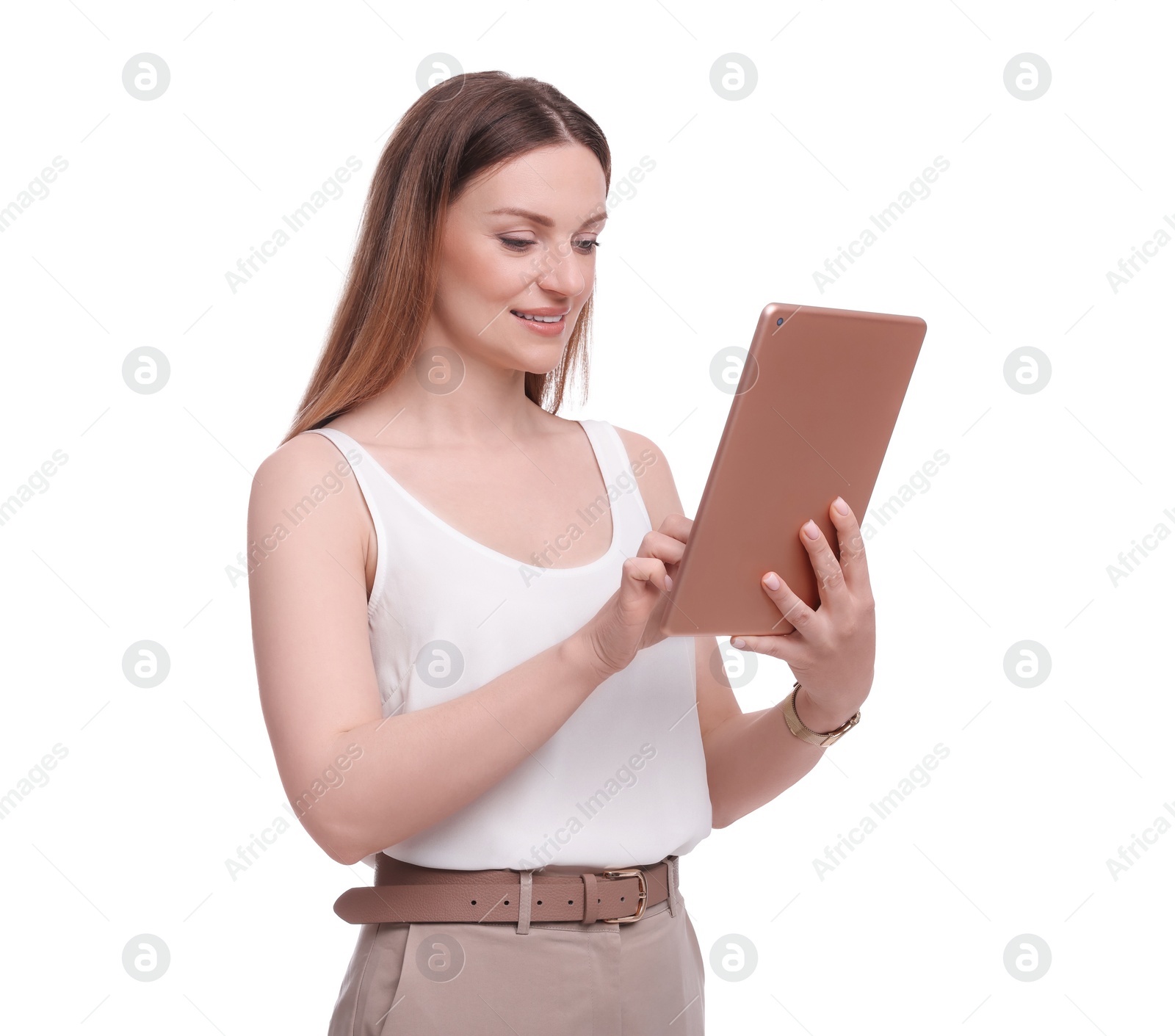 Photo of Beautiful businesswoman using tablet on white background
