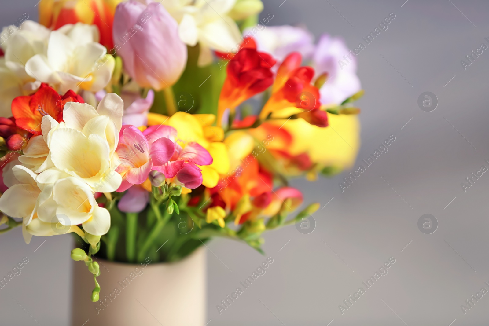 Photo of Beautiful bouquet of freesia flowers on blurred background