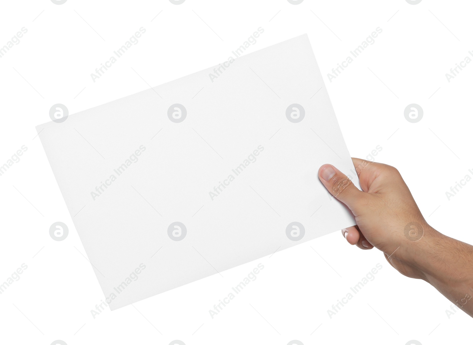 Photo of Man holding sheet of paper on white background, closeup. Mockup for design