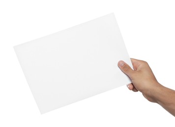 Photo of Man holding sheet of paper on white background, closeup. Mockup for design