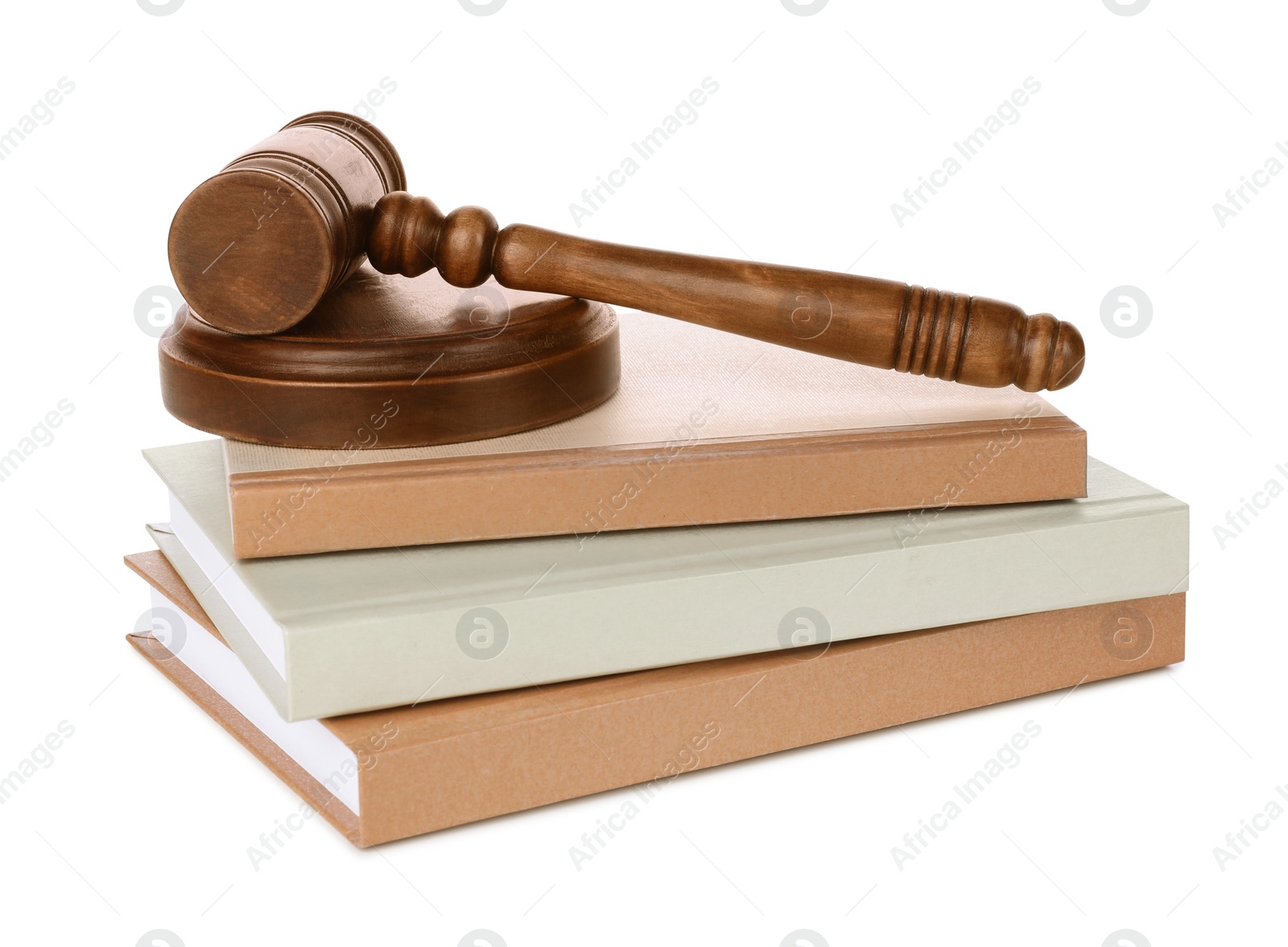 Photo of Wooden gavel and stack of books on white background