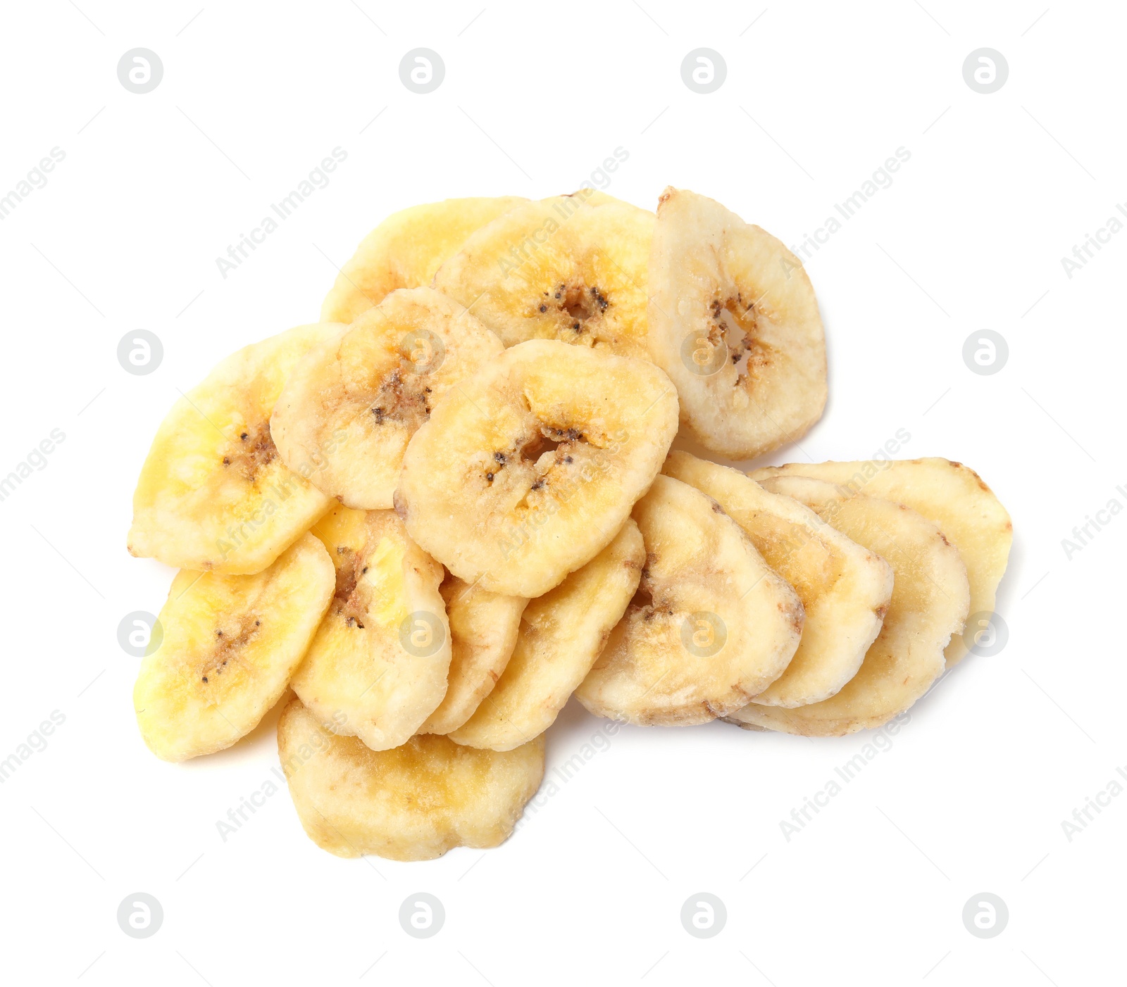 Photo of Heap of sweet banana slices on white background. Dried fruit as healthy snack