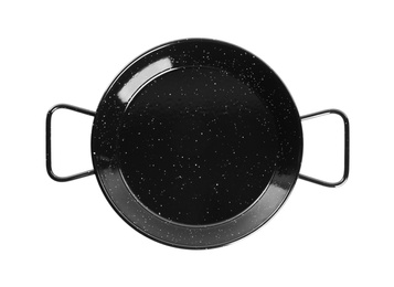 Photo of New wok pan isolated on white, top view. Cooking utensil