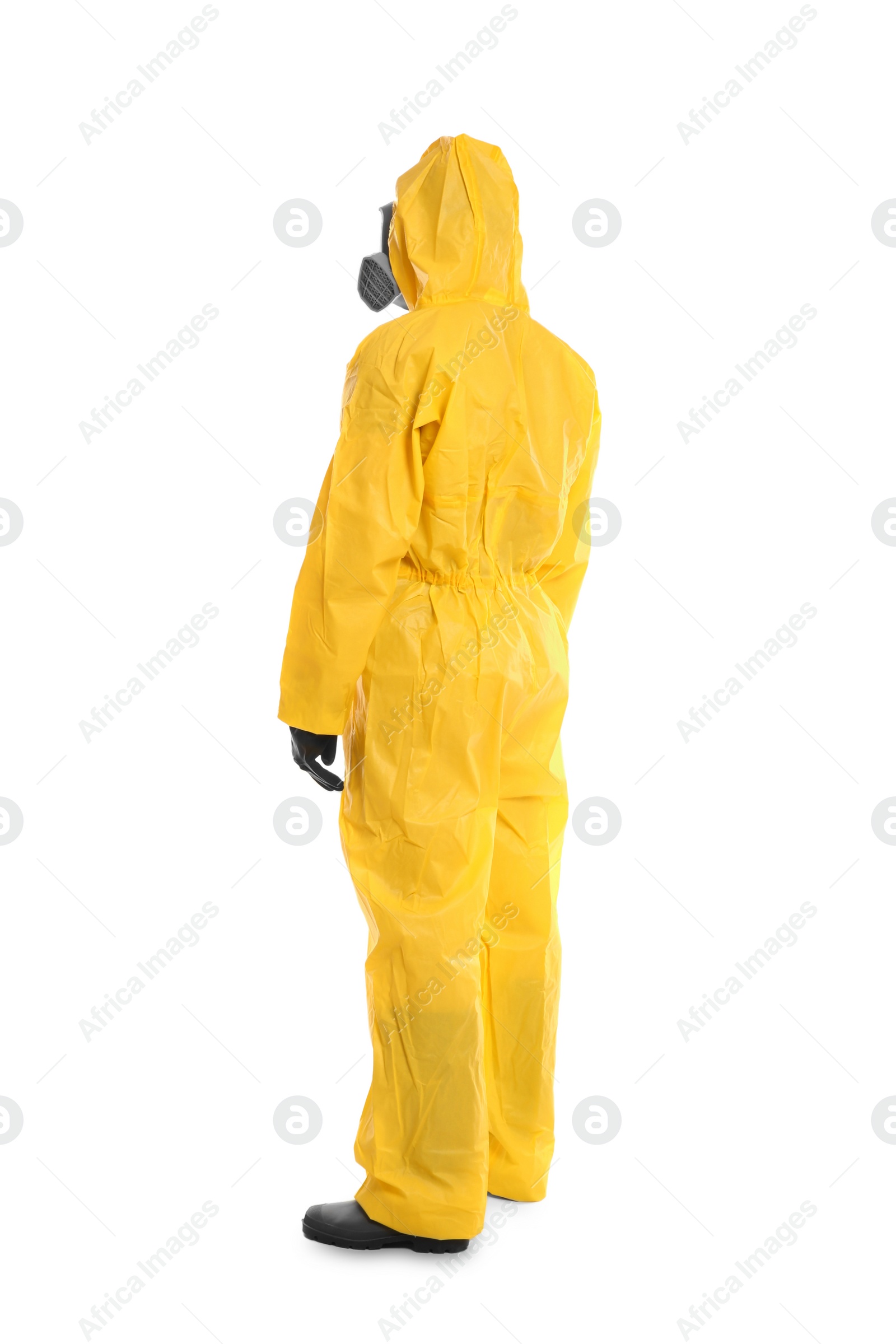 Photo of Man wearing chemical protective suit on white background. Virus research