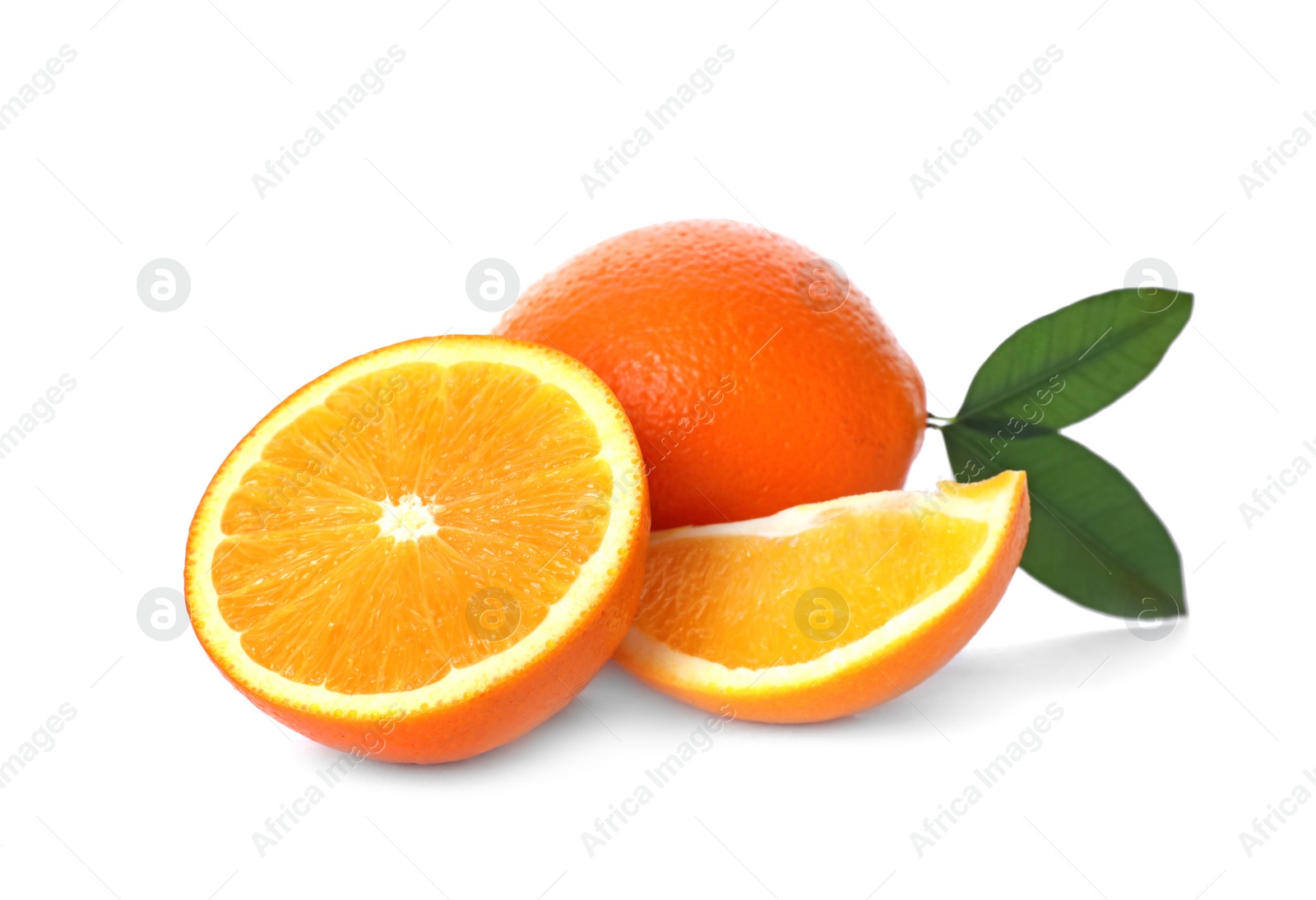 Photo of Fresh oranges with leaves isolated on white