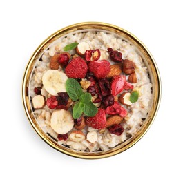 Delicious oatmeal with freeze dried berries, banana, nuts and mint on white background, top view