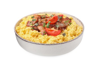 Photo of Tasty cornmeal with tomatoes, bacon and microgreens in bowl isolated on white