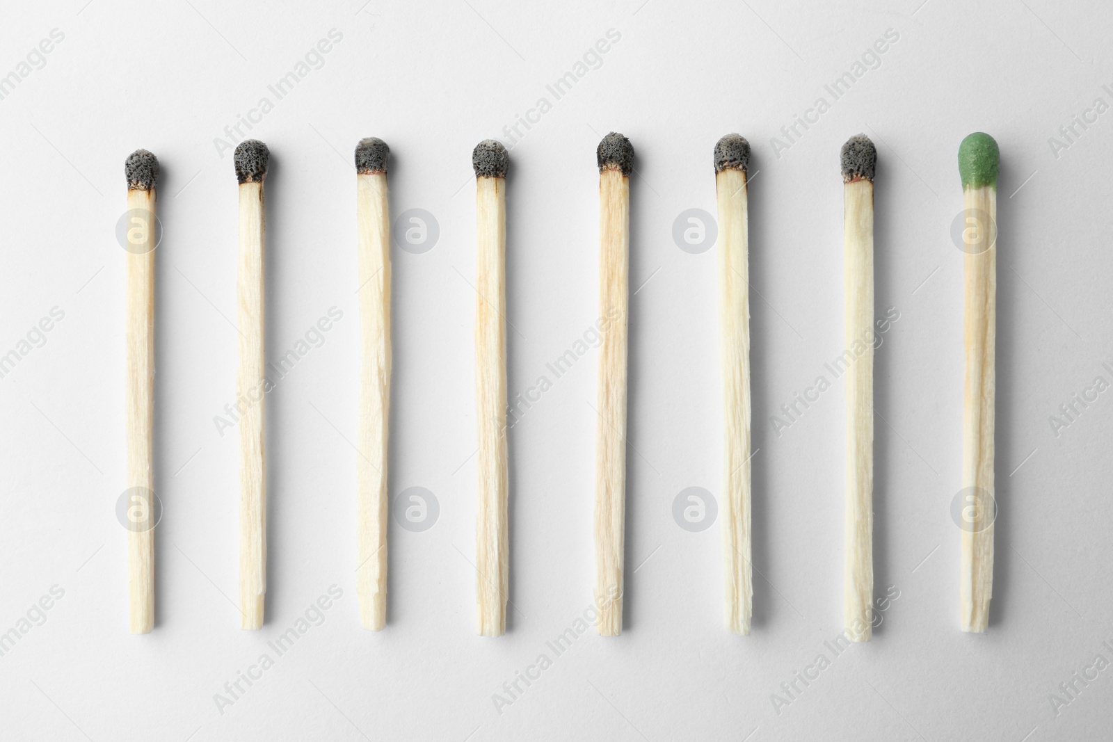 Photo of Row of burnt matches and whole one on white background, top view. Uniqueness concept