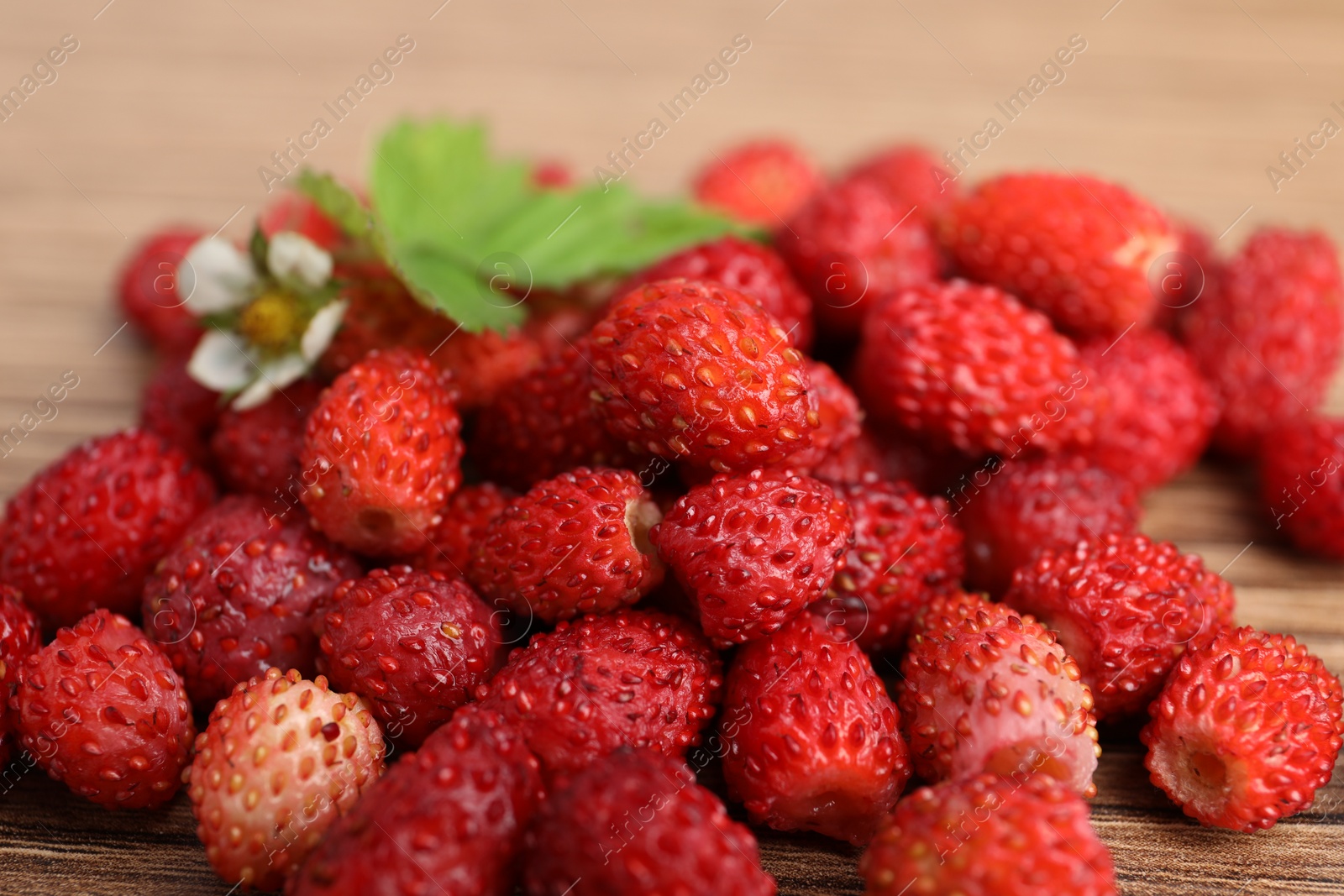 Photo of Pile of wild strawberries, flower and leaves on wooden table, closeup