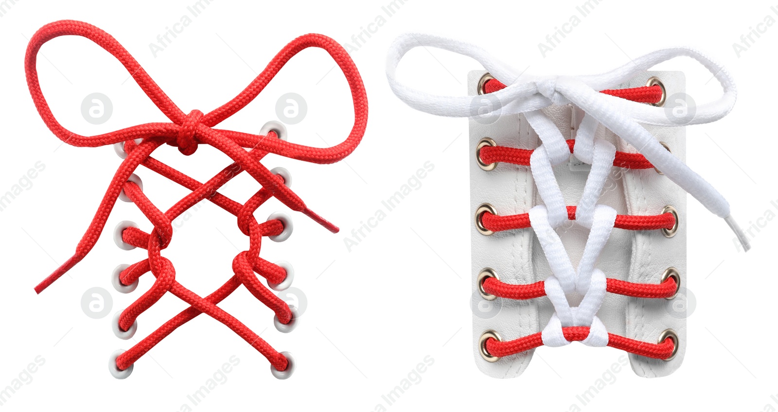 Image of Color shoe laces on white background, collage. Banner design