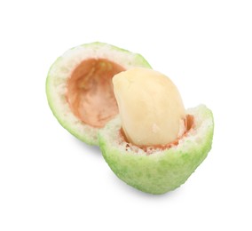 Broken wasabi coated peanut on white background