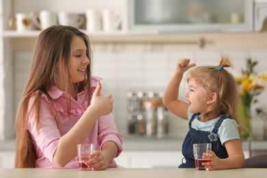 Photo of Adorable sisters playing in kitchen