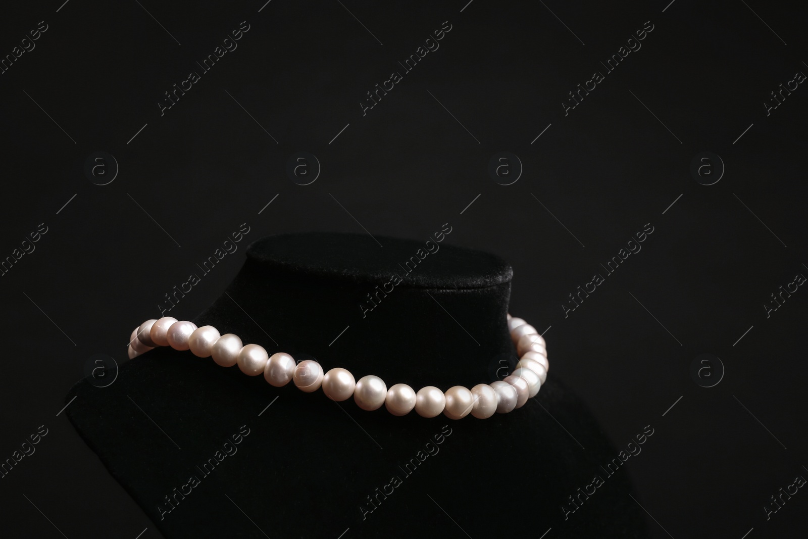 Photo of Stylish jewelry on stand against black background, space for text