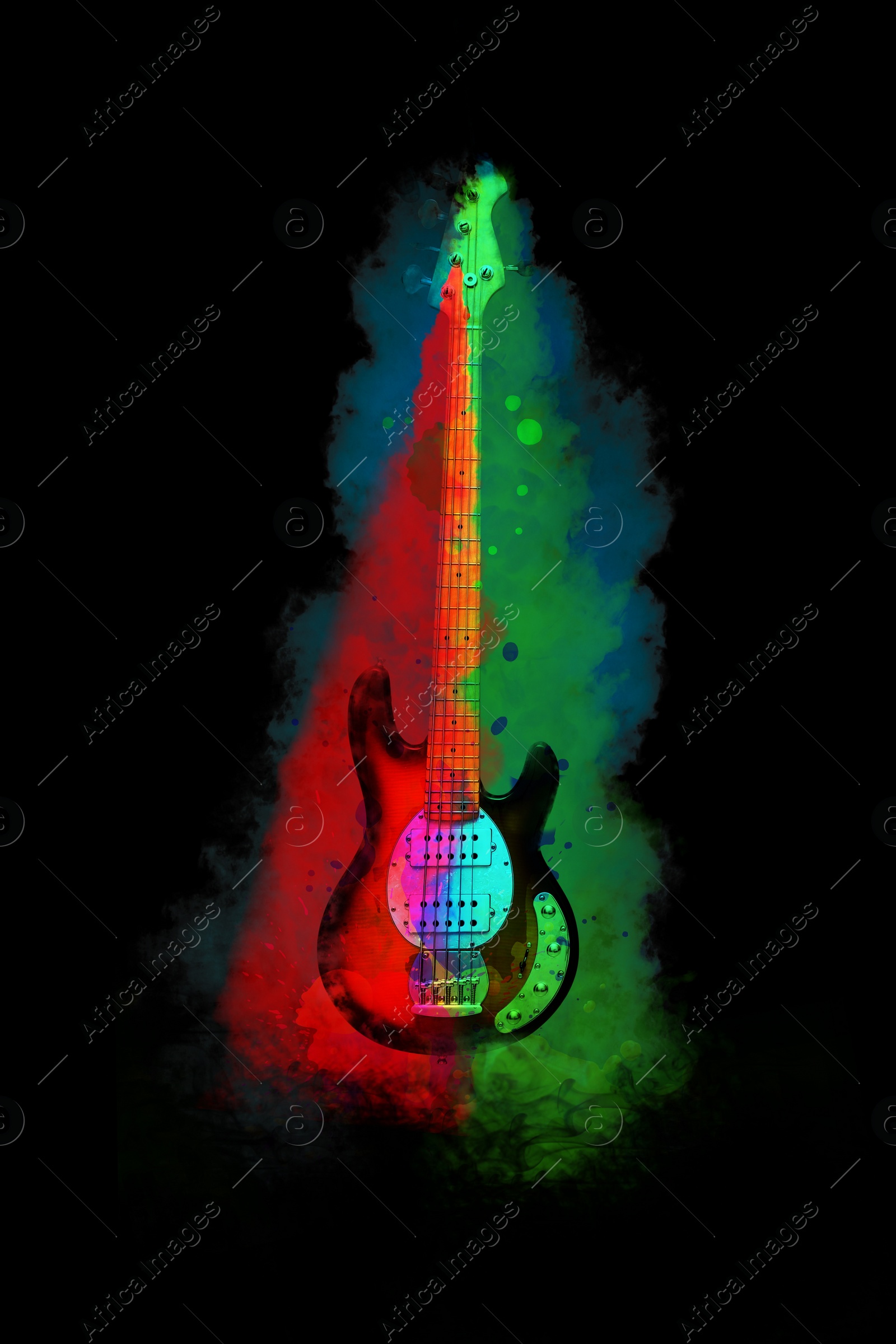 Image of Bright colorful design with electric guitar on black background. Rock music concept