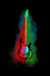 Image of Bright colorful design with electric guitar on black background. Rock music concept